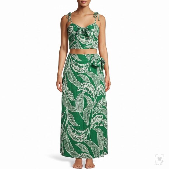 Rachel Zoe Womens Green Linen Rayon Leaf Print Crop Top & Wrap Skirt Set XS 2pc - Picture 16 of 16